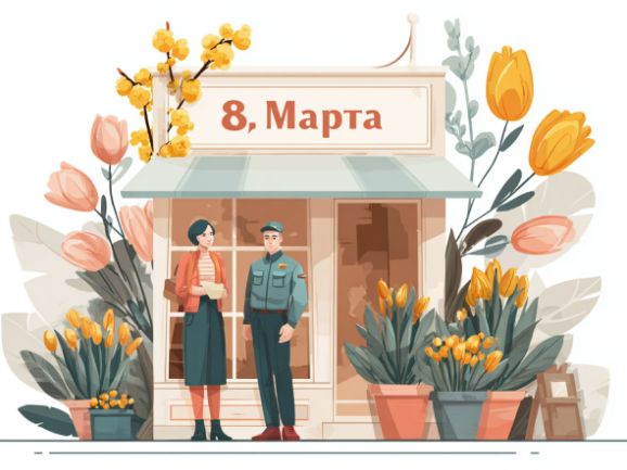 Иллюстрация к 8 марта: сотрудник управляющей компании «Округ» поздравляет жительницу на фоне цветочного магазина 