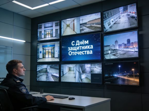 Сотрудник службы безопасности в пункте мониторинга на фоне мониторов с поздравлением С Днем защитника Отечества